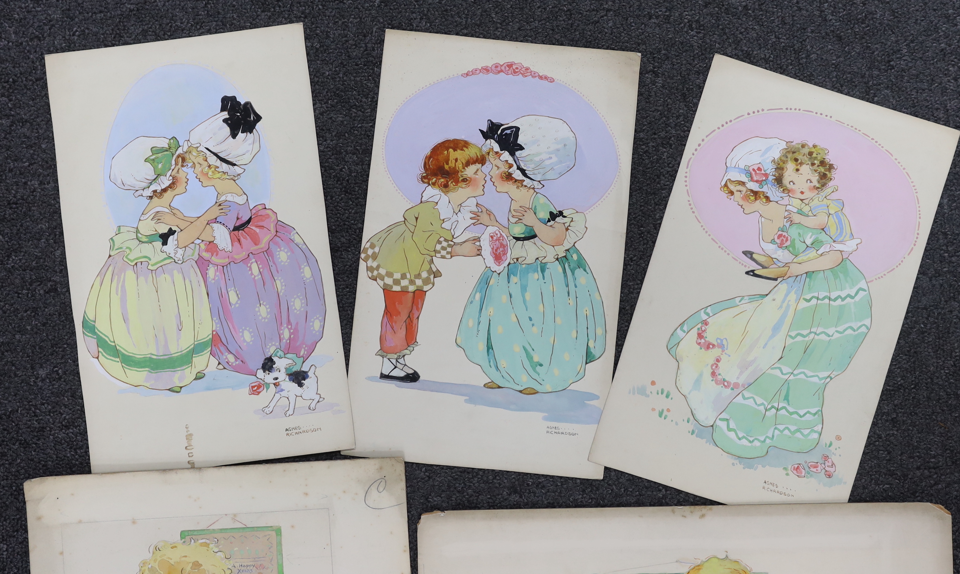 Agnes Richardson (1885-1951) five watercolours on card, Humorous children, original postcard designs, signed, 36 x 26cm, unframed